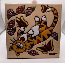 Vintage Earthtones Boho CAT Ceramic Art SOUTHWEST Tile Trivet picture