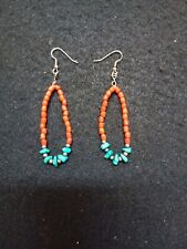 NICE RED CORAL TURQUOISE SILVER BEADED NATIVE AMERICAN INDIAN EARRINGS SET picture