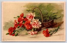 Catherine Klein~Red & Pink Carnations In Wicker Basket~TSN Series 970~c1907 picture