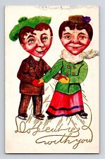 Antique Postcard Valentines Heart Heads Couple Ice Skates Embossed Unposted picture