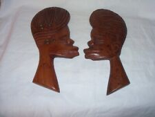 Pair Of African Nigeria Wood Carved Face Head Profile Tribal Wall Art Plaques picture