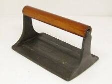 VINTAGE CAST IRON BACON PRESS WITH PIG & FLOWERS DESIGN WITH WOOD HANDLE. picture