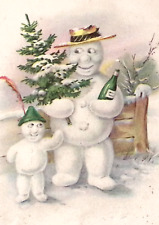 1930 ROMANIAN New Year Postcard Snowman Carries Champagne & Tree Snowboy Follows picture