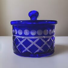VINTAGE BOHEMIAN COBALT BLUE CUT TO CLEAR CRYSTAL CANDY DISH BOWL WITH LID picture
