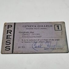 Vintage 1941 Press Pass Geneva College Beaver Falls Pennsylvania Carl Hughes picture