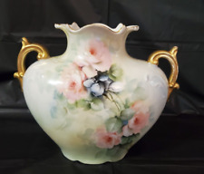 JP Limoges France Hand Painted Signed Roses Floral Ruffled Vase Two Handles picture
