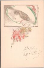 Vintage BIRTHDAY GREETINGS Pretty Lady Postcard Large Hat / Hand-Colored /Unused picture