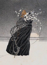 Repro Nouveau Postcard: Woman in Black Dress, Snow, Full Moon, Roses, Winter picture