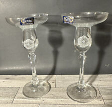Pasabahce Fine Turkish Glass Candlesticks Holder Pair White Flowers 7.25” picture