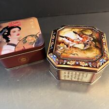 Chinese Moon Cake Tins Set 2 Birds Woman Traditional Metal Storage Made China picture