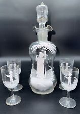 Antique MARY GREGORY Hand Painted Glass Cruet Decanter w/Stopper Cordial Glasses picture