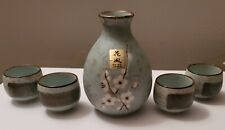 Set of 5 Japanese Sake Set Blue Grey Stoneware Pottery picture