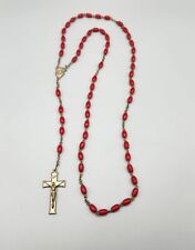 Rosary Red Plastic Beads Catholic Crucifix Cross Vintage Jesus Religious    picture