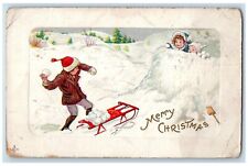 c1910's Merry Christmas Children Snowball Fighting Embossed Antique Postcard picture
