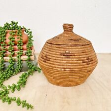 Vintage Alaskan Eskimo Inuit Coiled Beach Grass Lidded Dyed Basket  picture