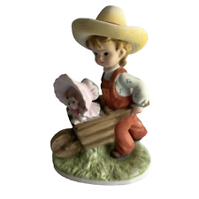 Lefton Country Boy Figurine Japan Puppy Wheelbarrow Hand Painted Vintage KW7537 picture
