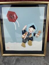 Vintage Framed Signed 3D Fabric Wall Art Japanese Snow Boy Flying Kit picture