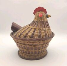 Vtg Chicken Hen On Nest Rooster Woven Wicker Basket Cottage Cabin Core Farmhouse picture