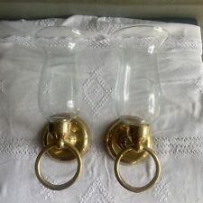 2 Brass Wall Sconce Candle Holders Ring On Front Equestrian Style Glass Shades picture