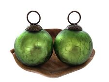 Vintage Old World Green Crackle Glass Christmas Ornaments Set of 2 Kugel Style picture