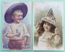 c.1895 TWO (2) CHROMOLITHOGRAPH TRADE CARDS HIRES ROOTBEER, CUTE GIRL & BOY picture