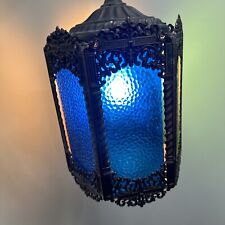 Vintage GOTHIC Regency STAINED GLASS Hanging LANTERN Light MEDIEVAL  MCM picture
