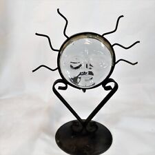 Artisan Distressed Wrought Iron Recycled Thick Art Glass Sun Face Candle Holder picture