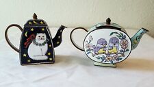 Set of 2 Miniature Enamel Teapots - Starry White Persian Cat & Purple Birds picture