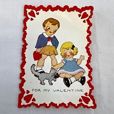 Vtg 1930s Valentine's Day Holiday Die Cut Children Boy Girl Cat Card picture
