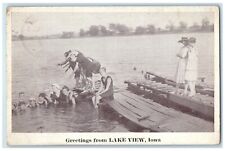 1932 Greetings From Dock Port Swimming Lake View Iowa Vintage Antique Postcard picture