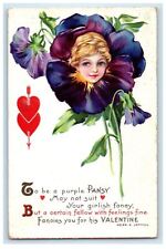 1916 Valentine Pretty Girl Pansies Flower Head Hearts Posted Antique Postcard picture