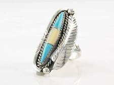 Vintage Native American Silver Ring MOP, Turquoise Inlay Feather, Navette Size 7 picture