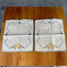 Vintage 2 Square Doilies Embroidered w/Crochet Trim Handmade 8.5