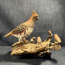 Hand Carved Painted Bird Wood Scaled Quail Covey On Driftwood Gamebird Sculpture picture