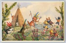 Postcard Cowboys And Indians Artist Signed Molly Brett Anthropomorphic Cats Dogs picture