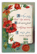 Birthday Greetings Postcard Red Flowers Embossed c1910 picture