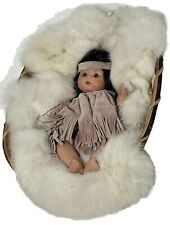 Vtg. Native American Birch Bark Basket Filled With Rabbit Fur And Porcelain Baby picture