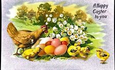 Vintage Antique Postcard EasterHen With Baby Chicks Pink Eggs White Flowers S01 picture