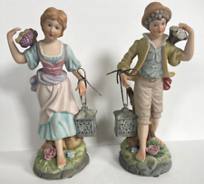 Vtg Porcelain Bisque Boy & Girl Figurine Pair Holding Lanterns Fruit & Flowers picture