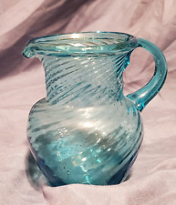 Vintage Aqua Blue Glass Mini Creamer Pitcher Swirled  4” picture