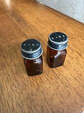 Two Small Vintage Amber Glass Bottle Ciba on Metal Top Medicine Apothocary Decor picture