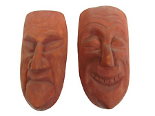 Vtg Wooden Hand Carved Comedy Tragedy African Style 2pc Wall Hanging Mask Set picture