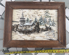 Miniature Birch Bark Painting Russian Folk Art Winter Day Signed Framed picture