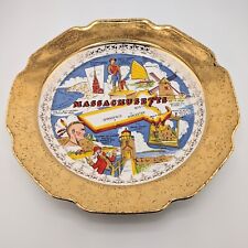Vintage Ceramic Massachusetts State Souvenir Plate Fancy 22K Gold Trim 9