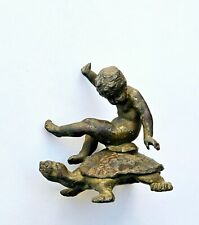 Antique Metal Figurine Cherub Boy on a Turtle Lead Gilt 19th century France picture