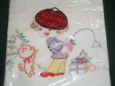 Vtg 1990s Christmas Scene Girl Kitty Crib Sheet + Pillow Machine Embroidery #PB picture