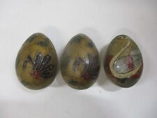 3 Hand Painted Decorative Brass Eggs, 2 Floral, one with Swan picture