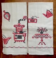 VTG Pair Mid-Century Black / Red Cross Stitch Linen Kitchen Tea Towels 28” X 16” picture