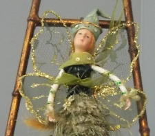 VINTAGE WHIMSICAL FOREST FAIRY PIXIE ELF ORNAMENT GREEN WOODLAND 8.5