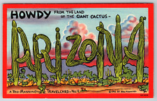 c1940s Arizona Postcard Howdy Land of the Giant Cactus Vintage Tucson Linen picture